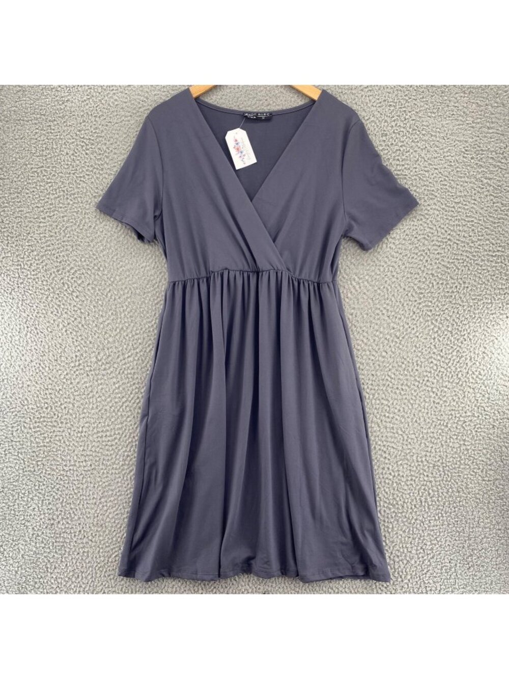 Shop Basic USA Dress Women Medium Gray Blouson Empire Surplice Short Sleeve NWT